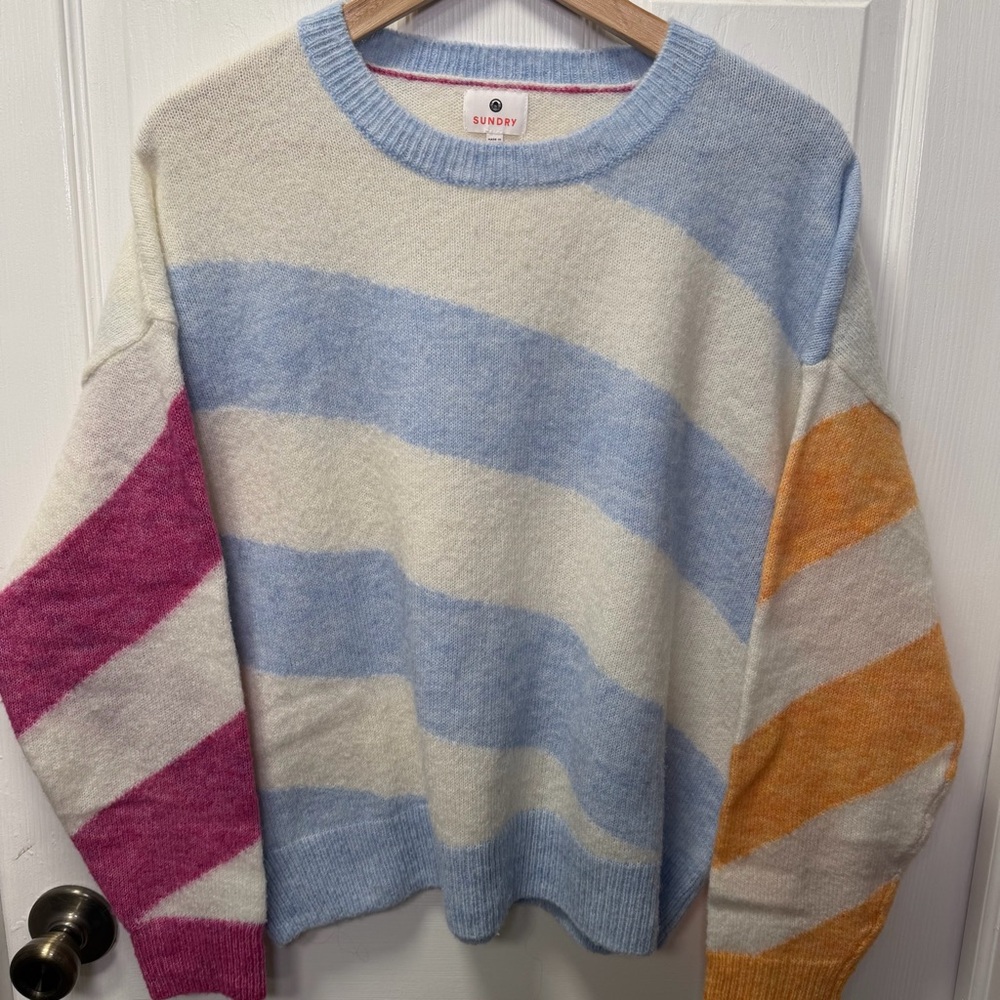Sundry Striped Oversized Sweater. Small. Pink, Orange and White, Crew Neck - Picture 4 of 9
